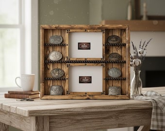 Belt Buckle Display Case With (2) 8x10 Picture Frames - Trophy Display Case holds 8 of your rodeo award buckles from barrels, poles,