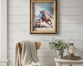 12" x 16" Barrel Racer Canvas Print in Handcrafted Rustic Frame