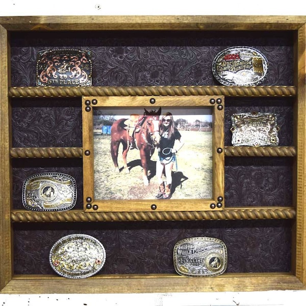 Belt Buckle Display Case With 8x10 Picture Frame - Trophy Display Case holds up to 14 of your hard won and impressive collection of rodeo bu
