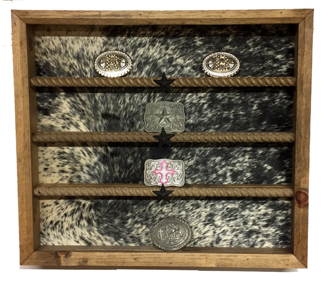 20 Buckle Rustic Western Buckle Display With Cowhide Backing. What