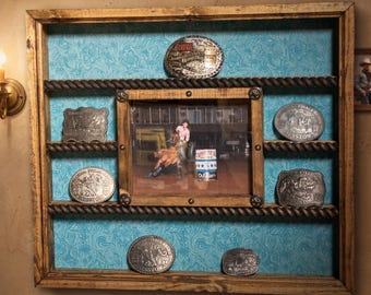 Handcrafted Belt Buckle Display Case – 8x10 Picture Frame, choose your background