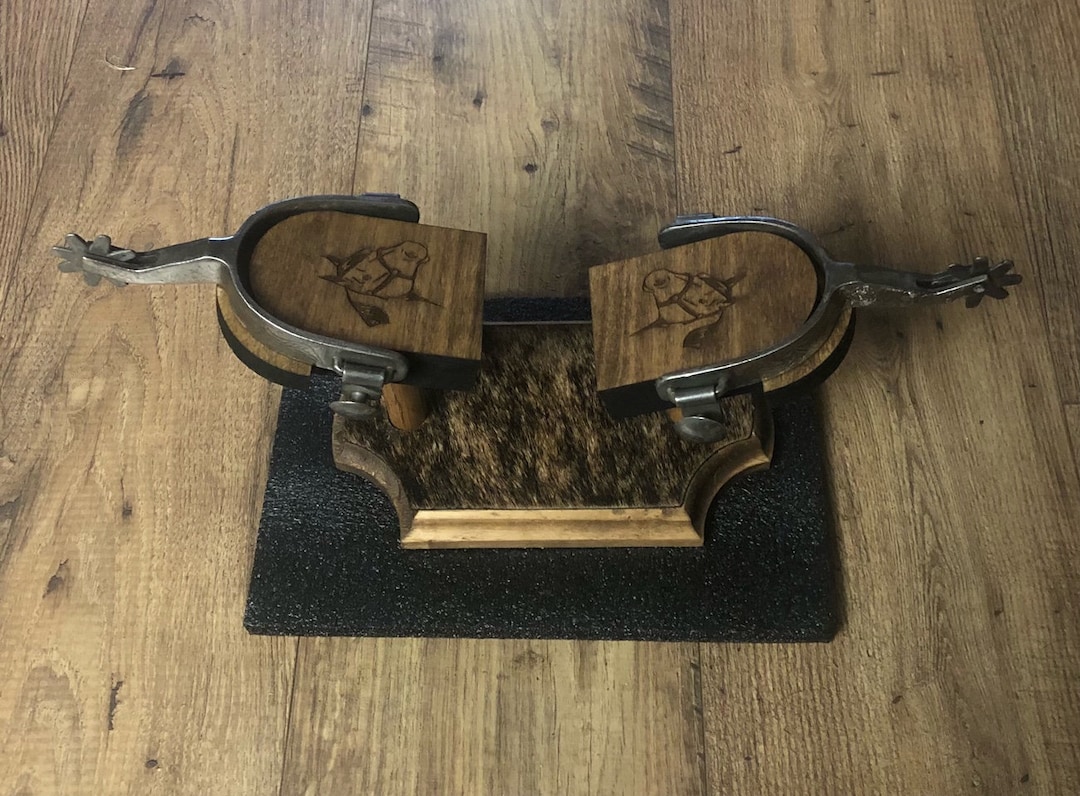 ENGRAVED COWHIDE Trophy Spur Display Stand the Perfect Display Piece