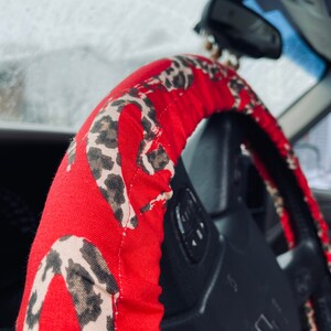 Steering Wheel Cover Red and Cheetah Fabric Print Key Fob Seat Belt Cover Car Trash Bag Gift Idea Heart Valentines image 3