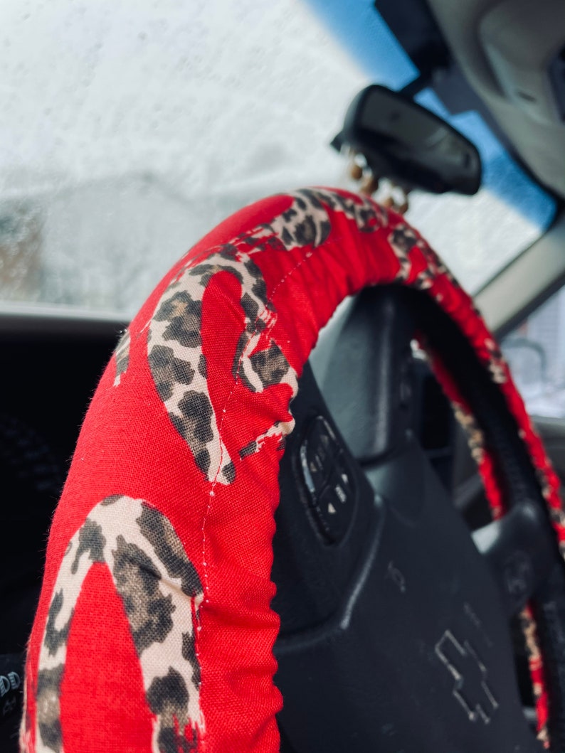 Steering Wheel Cover Red and Cheetah Fabric Print Key Fob Seat Belt Cover Car Trash Bag Gift Idea Heart Valentines image 3