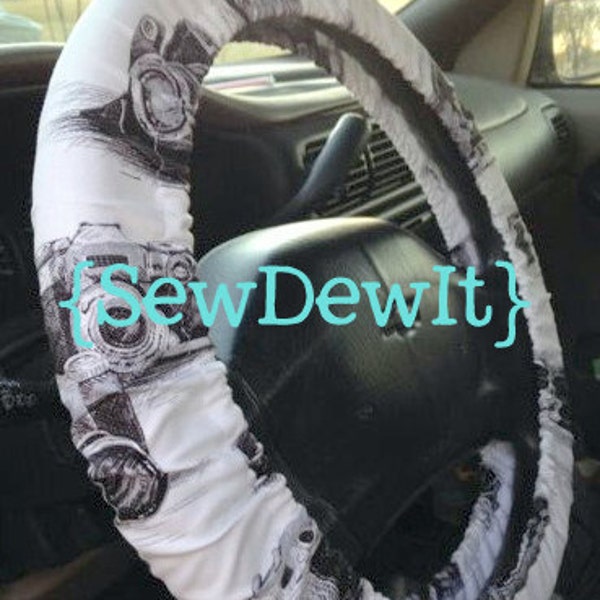 Steering Wheel Cover Camera Print Black White Cute Car Accessories Photography Gift Idea for Her Gift for Him Photographer