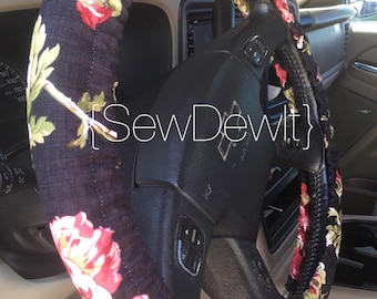 Steering Wheel Cover Floral on Black Solid Designer Fabric Flowers Car Accessory Gift Idea