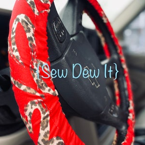 Steering Wheel Cover Red and Cheetah Fabric Print Key Fob Seat Belt Cover Car Trash Bag Gift Idea Heart Valentines image 1