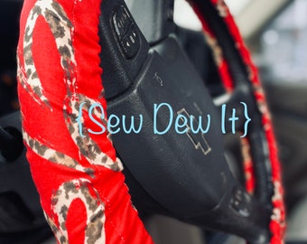 Steering Wheel Cover Red and Cheetah Fabric Print Key Fob Seat Belt Cover Car Trash Bag Gift Idea Heart Valentines