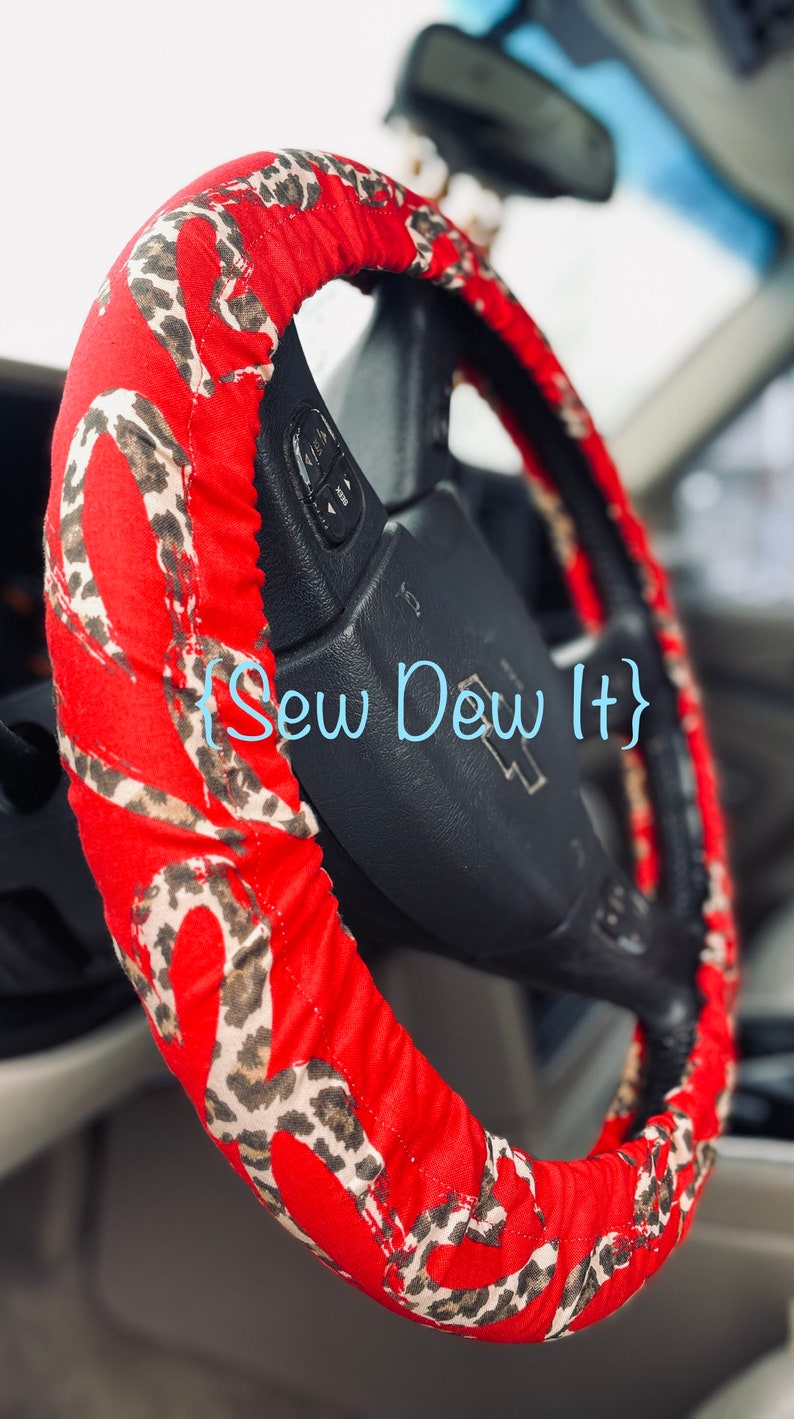 Steering Wheel Cover Red and Cheetah Fabric Print Key Fob Seat Belt Cover Car Trash Bag Gift Idea Heart Valentines image 1