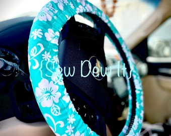 Steering Wheel Cover Aqua Blue Mint Green White Hawaiian Hibiscus Tropical Island Hawaii Islander Polynesian Floral