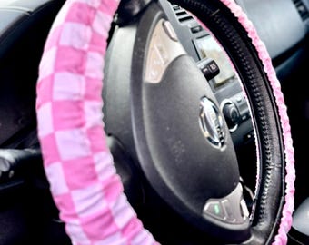 Steering Wheel Cover Pink Checkers two Tone Cute Car Accessories Gift for Her Gift for Him