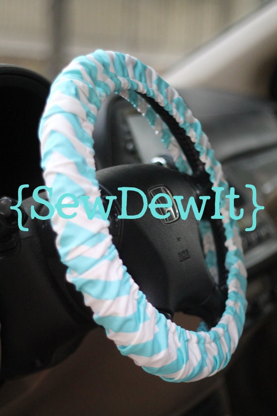 Steering Wheel Cover Aqua & White Chevron Cute Car Accessories