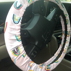 Steering Wheel Cover Rainbow Fabric Pink Background Gift Idea image 5