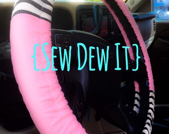 Steering Wheel Cover Blush Pink With Black and White Stripes Cute Car Accessory Gift Idea - Other Colors Available!