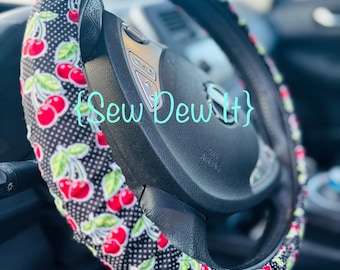 Steering Wheel Cover Cherries with Black and White Polka Dots