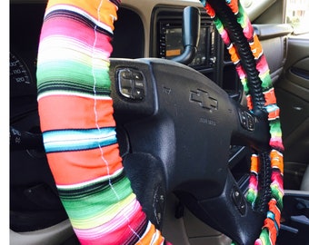 Steering Wheel Cover Serape Print Fabric-Seatbelt Cover, Key Fob, Trash Bag-Mexican Blanket Gift Idea Holiday Birthday Teacher Appreciation