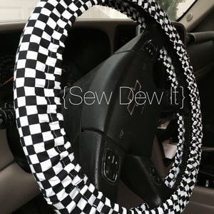 Steering Wheel Cover Checkered Flag Print Black and White Racing NASCAR Checkered Vans Fabric