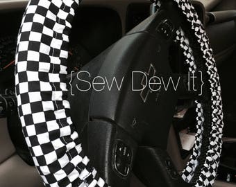 Steering Wheel Cover Checkered Flag Print Black and White Racing NASCAR Checkered Vans Fabric