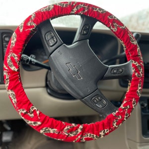 Steering Wheel Cover Red and Cheetah Fabric Print Key Fob Seat Belt Cover Car Trash Bag Gift Idea Heart Valentines image 2