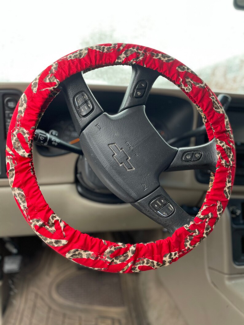 Steering Wheel Cover Red and Cheetah Fabric Print Key Fob Seat Belt Cover Car Trash Bag Gift Idea Heart Valentines image 2