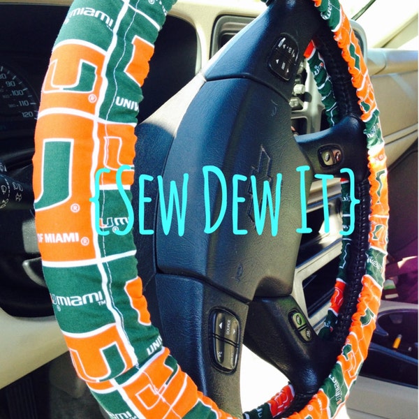 Steering Wheel Cover University of Miami College Hurricanes Green Orange White ~ Cute Car Accessories Gift for Her Gift for Him