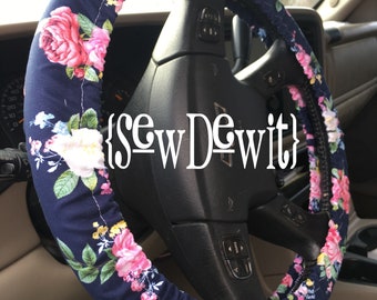 Steering Wheel Cover floral navy rose flower poppy carnation fabric