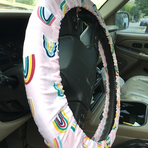 Steering Wheel Cover Rainbow Fabric Pink Background Gift Idea image 9