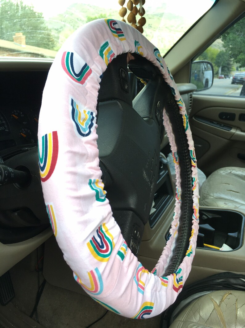 Steering Wheel Cover Rainbow Fabric Pink Background Gift Idea image 9