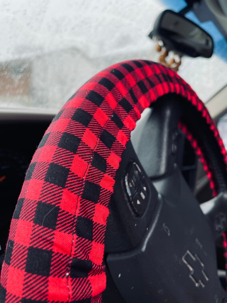 Steering Wheel Cover Red Black Buffalo Check Checkered Lumberjack Print Great Gift Idea Car Accessory image 2