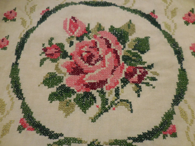Handmade Vintage Linen Embroidered Pillow Cover Beautiful Roses Cross Stitched Cottage Shabby Chic