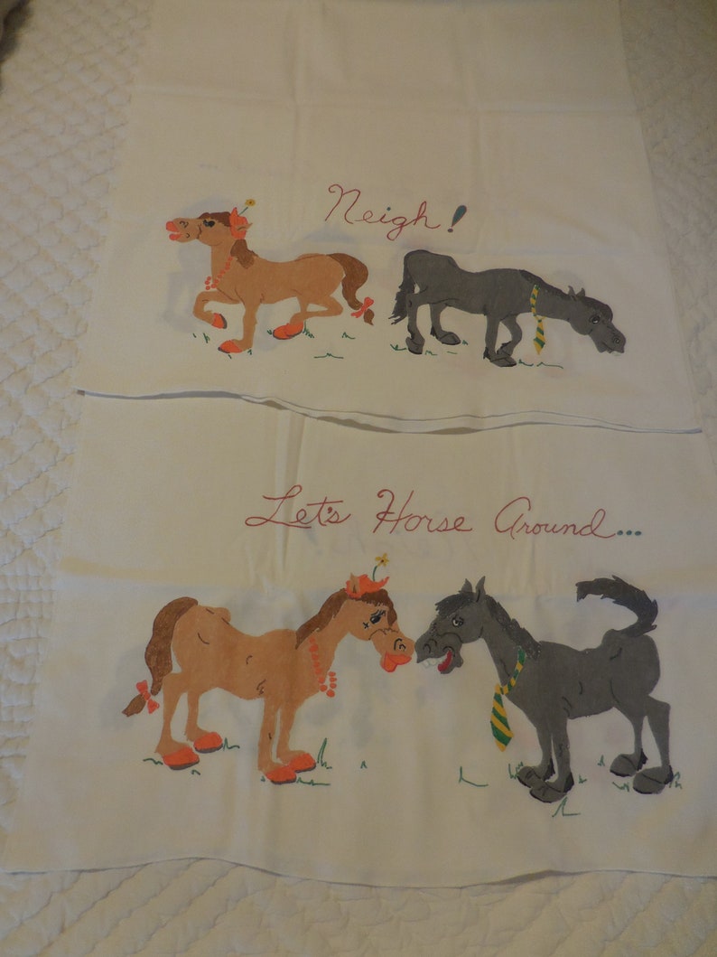 Western Pillowcase PAIR Hand Painted Handmade Horses Let/'s Horse Around Neigh Western Wedding Gift