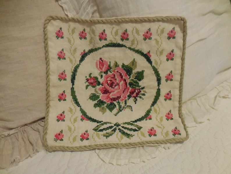 Handmade Vintage Linen Embroidered Pillow Cover Beautiful Roses Cross Stitched Cottage Shabby Chic