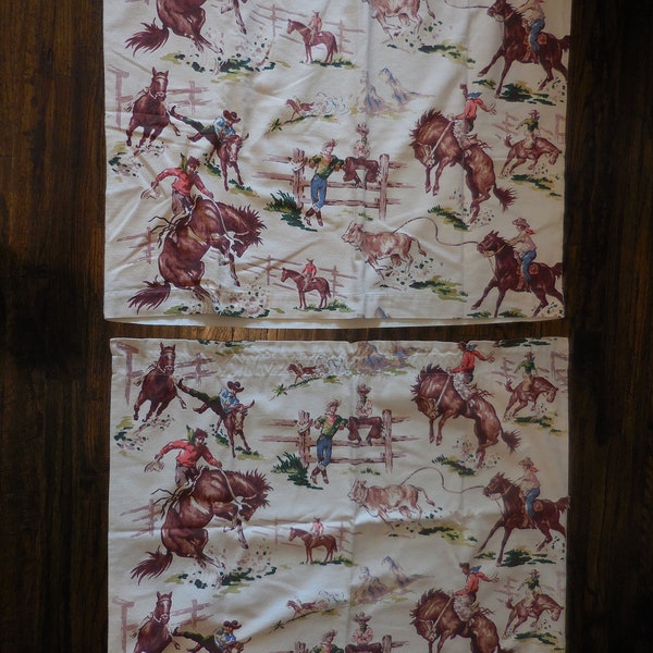 PAIR Vintage Barkcloth Western Cowboy Pictorial Fabric Curtains Lined 26 long x 32 Wide