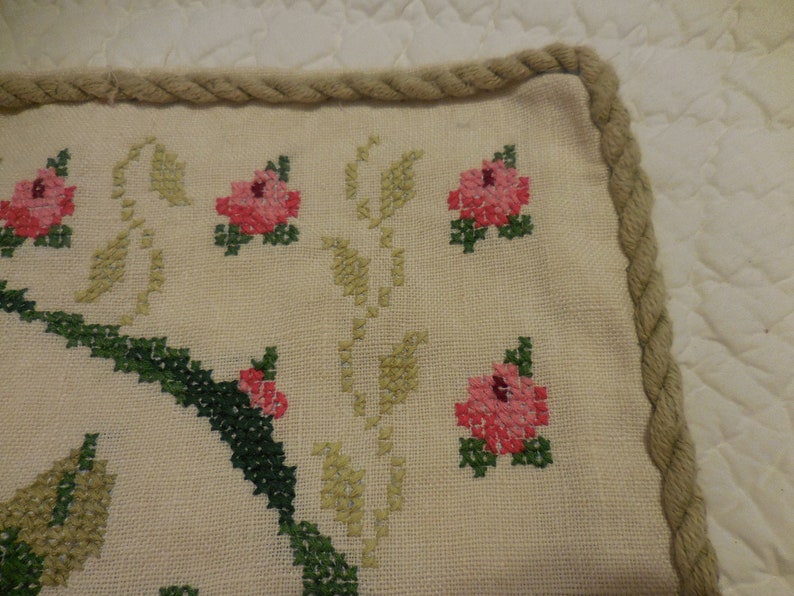 Handmade Vintage Linen Embroidered Pillow Cover Beautiful Roses Cross Stitched Cottage Shabby Chic