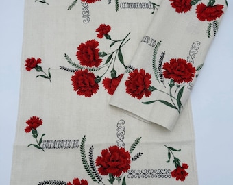 Vintage Linen Kitchen Towels (Set of 2) - Red Carnation Print, 1960s Retro Decor