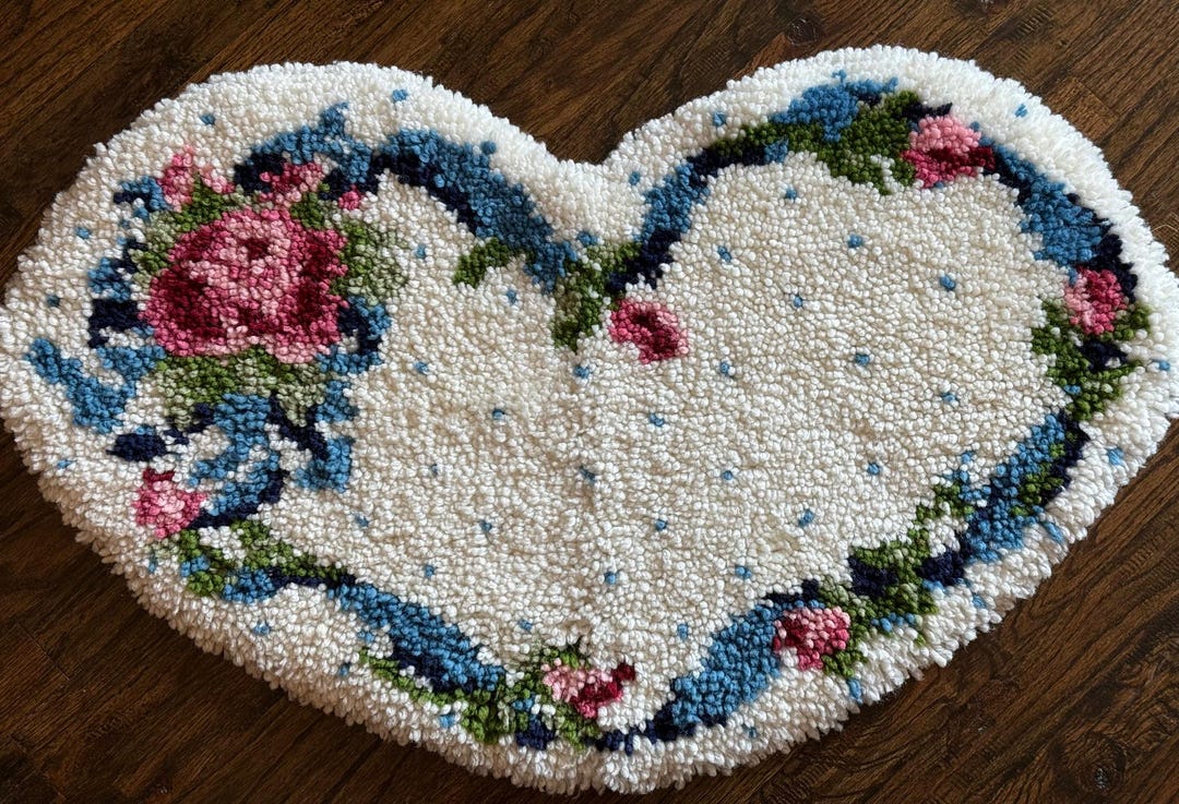 Heart Hook Rug Patterns Vintage Heart Latch Hook Rug: Floral Rose Design, Cottagecore Decor - Etsy