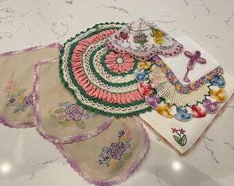 Vintage Embroidered Crocheted Pansies Bundle