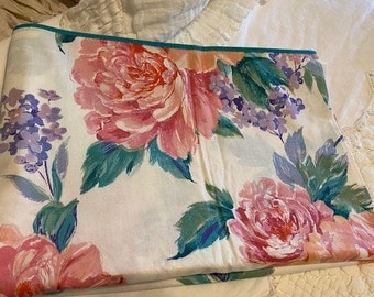 Vintage Pink Floral Flat Sheet Turquoise Trim Bold Print