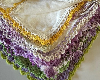 Purple Yellow Handkerchief Bundle Tatting Crocheted Edges