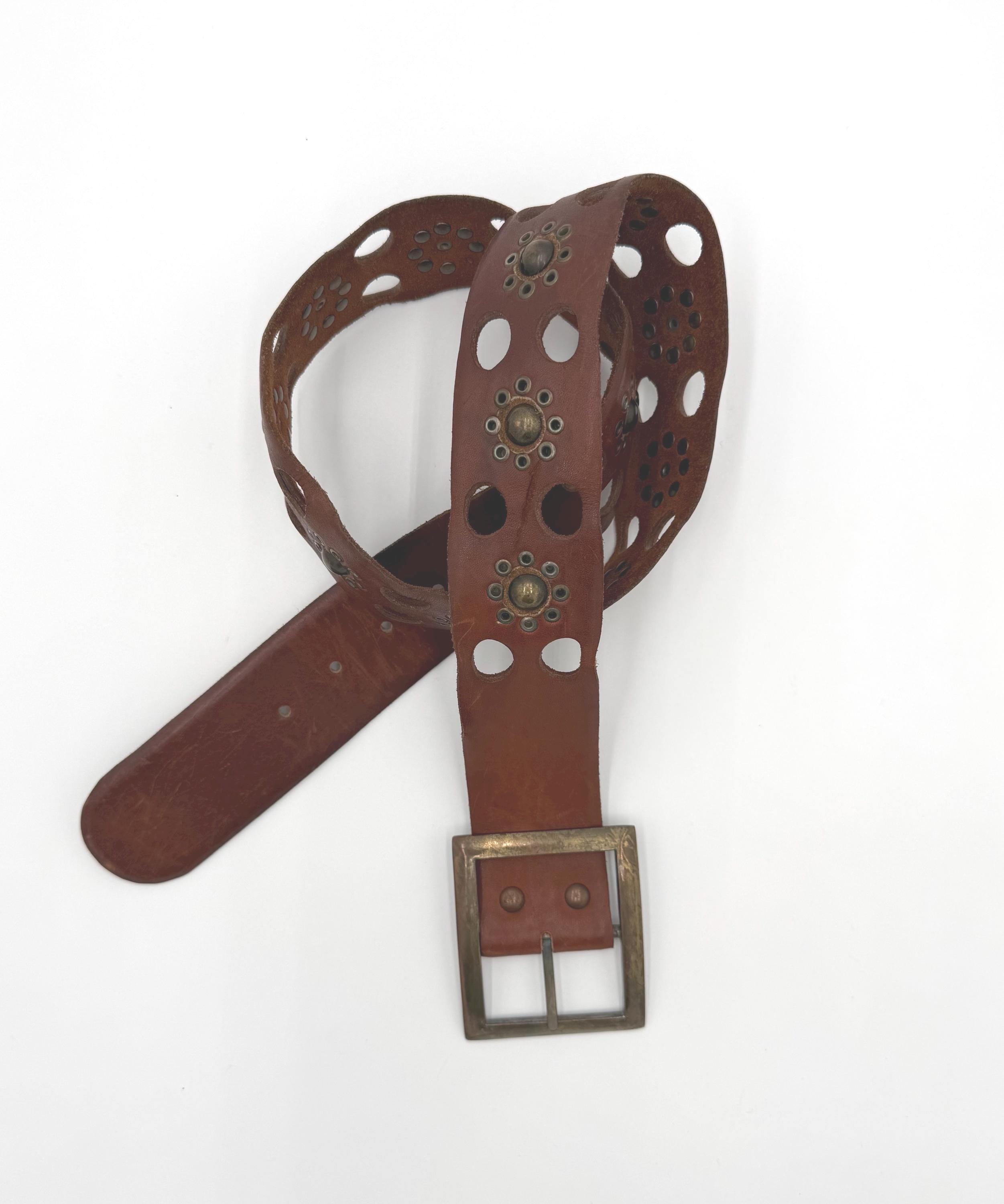 Vintage western brown leather cutout design belt vintage style TOOLED leather belt STUDDED brown 42 cowboy  main image 2