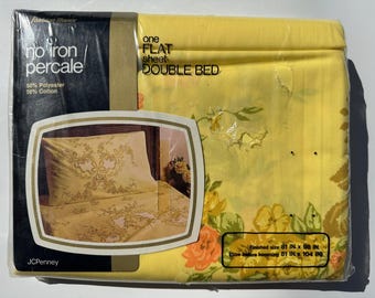 Sábana plana vintage con estampado floral amarillo: ropa de cama doble de los años 60 (NOS)