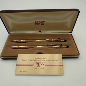 Vintage gouden pennenset met kruis en potlood, originele doos, vintage kruispennenset met monogram,