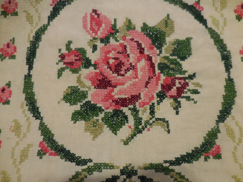 Handmade Vintage Linen Embroidered Pillow Cover Beautiful Roses Cross Stitched Cottage Shabby Chic