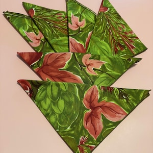 Vintage Botanical Napkins Set: MCM Pink Green Floral Table Linens