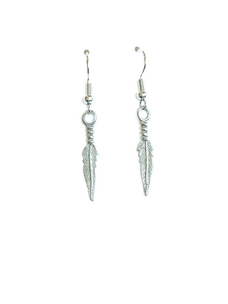 Bohemian Silver Drop Tiny Handmade Feather Earrings