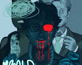 Puede incluir: Una ilustración azul oscuro y verde de un hombre con un ojo rojo y sangre goteando de su boca. Lleva gafas y una cuerda alrededor del cuello. El hombre está rodeado de rosas azules y el texto "BOLD! EGOIST! THIS IS A WATERMARK" es visible en la esquina inferior izquierda.
