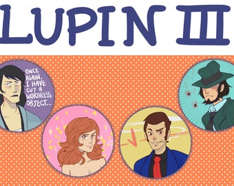 May include: A graphic with the text "LUPIN III" above four circular illustrations of characters. The illustrations show characters with different expressions and clothing, set against a patterned background.