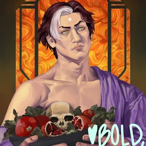 May include: A painting of a person with white and dark hair holding a bowl of pomegranates and a skull. The background is a stained glass window with orange and yellow colours. The text "BOLD EGOIST! THIS IS A WATERMARK" is written in the bottom right corner of the image.
