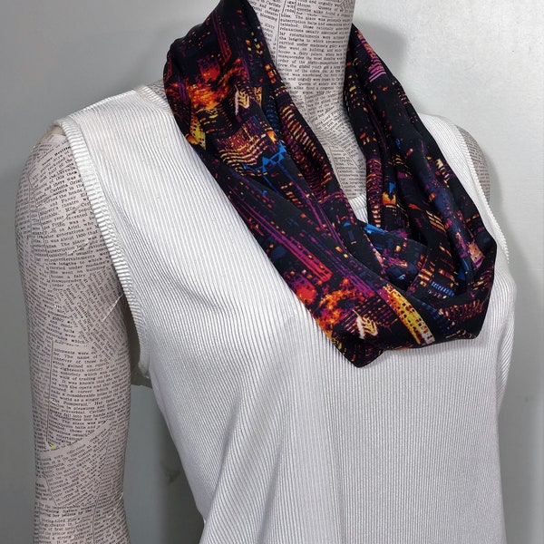 Dark Jewel Tone Shades of Purple Burgundy Blue on Black on a lightweight woman's infinity scarf.  Classy sporty casual Light fluffy drape.*