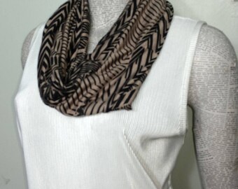 Soft lightweight cotton knit ladies infinity scarf in brown on brown geometric pattern. Sporty casual. Great /Jeans or leggings. Soft drape*